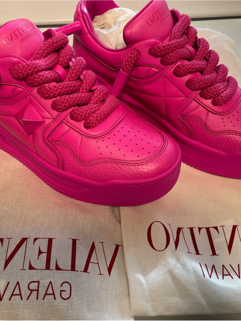 Valentino Garavani Roman Stud Hot Pink Chunky Leather Sneakers